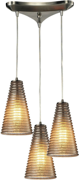 Ribbed Glass 3 Light Pendant In Satin Nickel and Mercury Glass