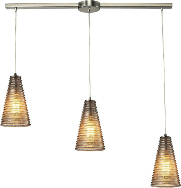Ribbed Glass 3 Light Pendant In Satin Nickel and Mercury Glass