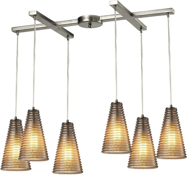 Ribbed Glass 6 Light Pendant In Satin Nickel and Mercury Glass