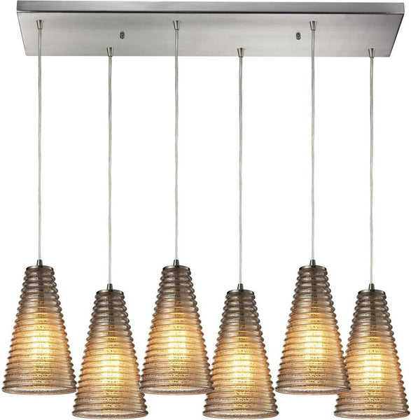 Ribbed Glass 6 Light Pendant In Satin Nickel and Mercury Glass