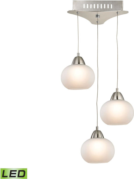 Ciotola 3 Light Led Pendant In Satin Nickel With White Glass
