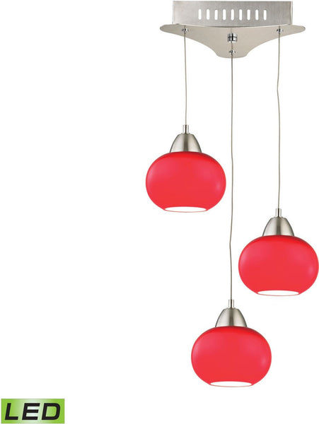 Ciotola 3 Light Led Pendant In Satin Nickel With Red Glass