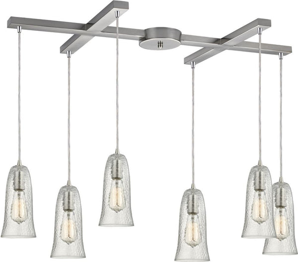 Hammered Glass 6 Light Pendant In Satin Nickel