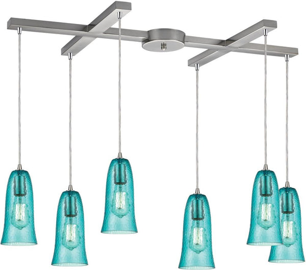 Hammered Glass 6 Light Pendant In Satin Nickel