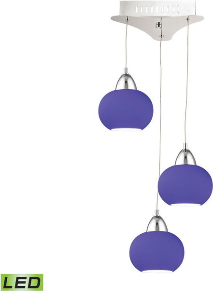 Ciotola 3 Light Led Pendant In Chrome With Blue Glass
