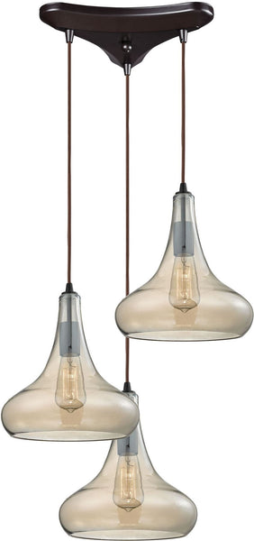 Orbital 3 Light Pendant In Oil Rubbed Bronze and Amber Teak Glass