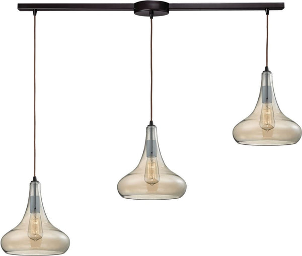 Orbital 3 Light Pendant In Oil Rubbed Bronze and Amber Teak Glass