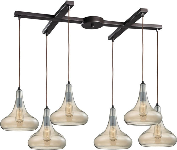 Orbital 6 Light Pendant In Oil Rubbed Bronze and Amber Teak Glass