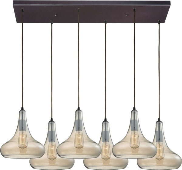 Orbital 6 Light Pendant In Oil Rubbed Bronze and Amber Teak Glass