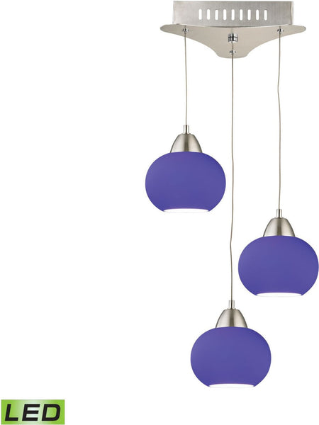 Ciotola 3 Light Led Pendant In Satin Nickel With Blue Glass