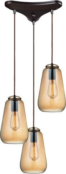 Orbital 3 Light Pendant In Oil Rubbed Bronze and Amber Teak Glass