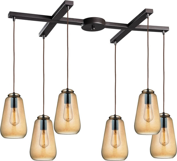 Orbital 6 Light Pendant In Oil Rubbed Bronze and Amber Teak Glass