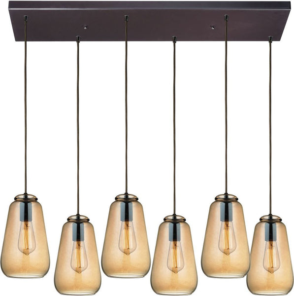 Orbital 6 Light Pendant In Oil Rubbed Bronze and Amber Teak Glass