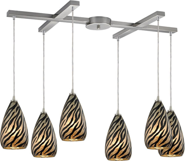 Predator 6 Light Pendant In Satin Nickel and Leopard Glass