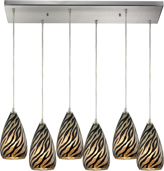 Predator 6 Light Pendant In Satin Nickel and Leopard Glass