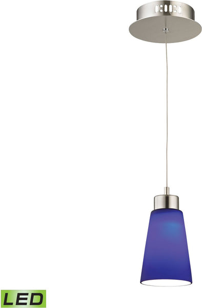 Coppa 1 Light Led Pendant In Satin Nickel With Blue Glass
