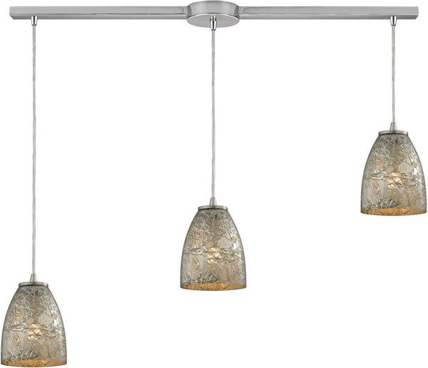 Fissure 3 Light Pendant In Satin Nickel and Silver Glass