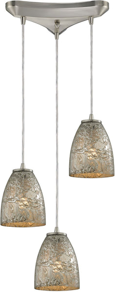 Fissure 3 Light Pendant In Satin Nickel and Silver Glass