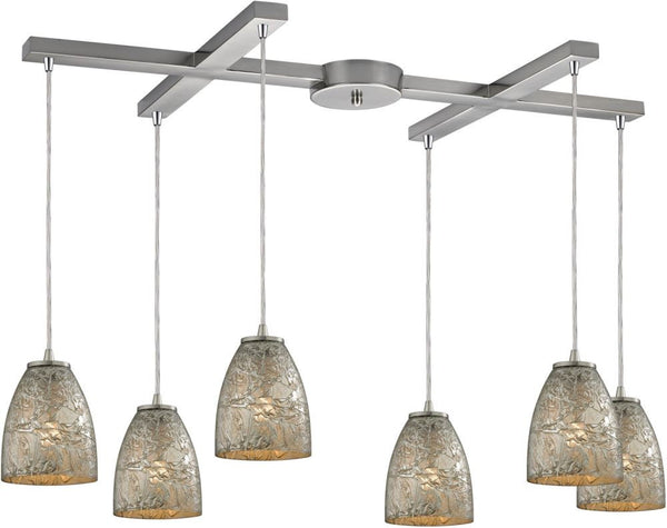 Fissure 6 Light Pendant In Satin Nickel and Silver Glass