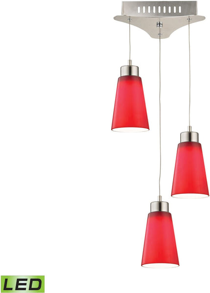 Coppa 3 Light Led Pendant In Satin Nickel With Red Glass
