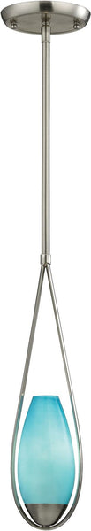 Teardrop 1 Light Pendant In Satin Nickel and Aqua Glass