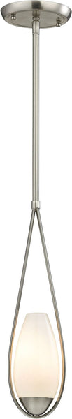 Teardrop 1 Light Pendant In Satin Nickel and White Glass