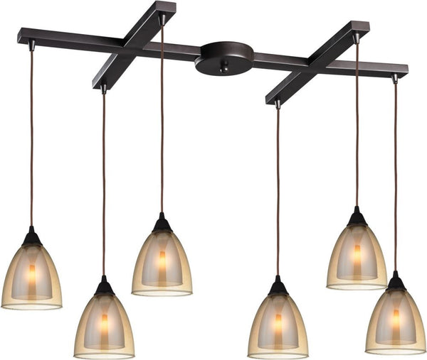 Layers 6 Light Pendant In Oil Rubbed Bronze and Amber Teak Glass
