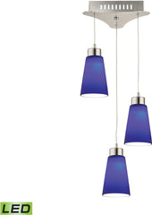 Coppa 3 Light Led Pendant In Satin Nickel With Blue Glass