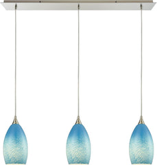 Earth 3 Light Pendant In Satin Nickel and Sky Blue Glass