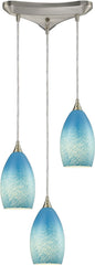 Earth 3 Light Pendant In Satin Nickel and Sky Blue Glass