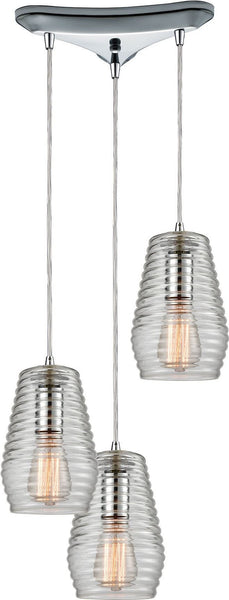 Ribbed Glass 3 Light Pendant In Polished Chrome