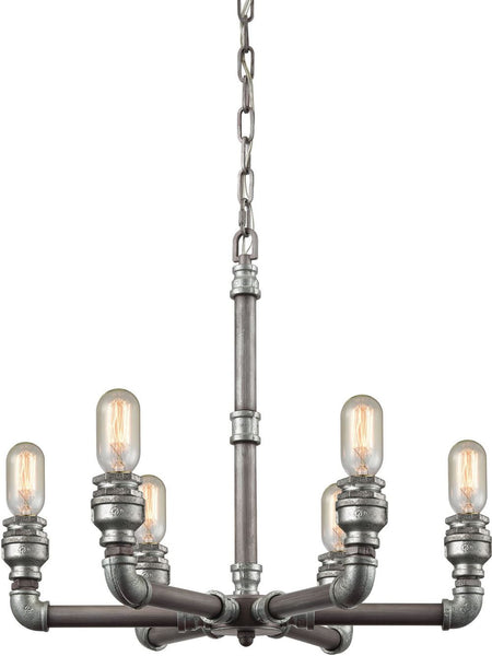 Cast Iron Pipe 6 Light Chandelier In Weathered Zinc