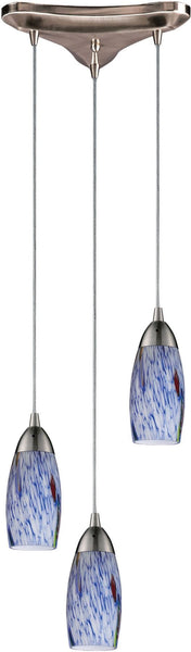 Milan 3 Light Pendant In Satin Nickel and Starburst Blue Glass