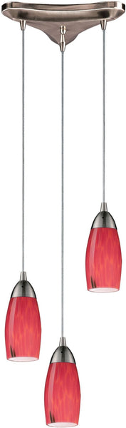 Milan 3 Light Pendant In Satin Nickel and Fire Red Glass