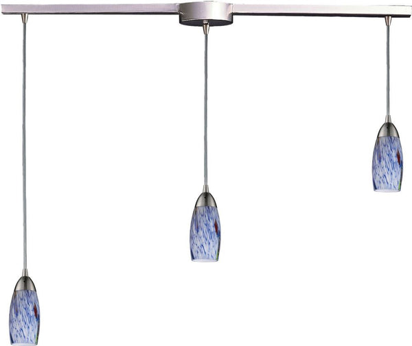 Milan 3 Light Pendant In Satin Nickel and Starburst Blue Glass