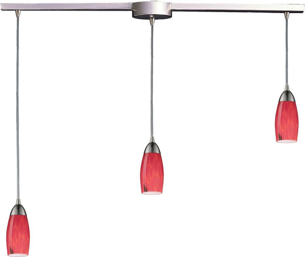 Milan 3 Light Pendant In Satin Nickel and Fire Red Glass