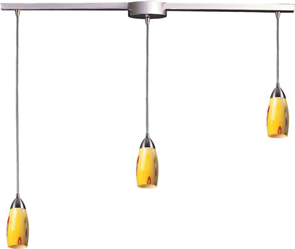 Milan 3 Light Pendant In Satin Nickel and Yellow Blaze Glass