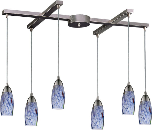 Milan 6 Light Pendant In Satin Nickel and Starburst Blue Glass
