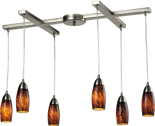 Milan 6 Light Pendant In Satin Nickel and Espresso Glass
