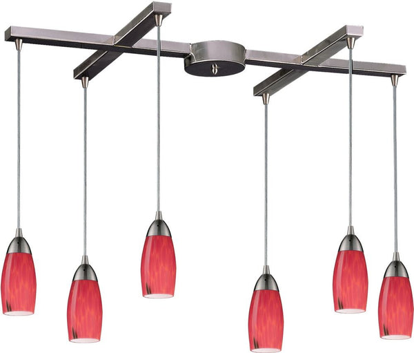 Milan 6 Light Pendant In Satin Nickel and Fire Red Glass