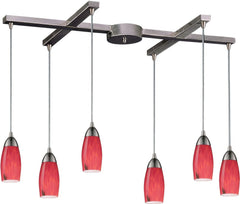 Milan 6 Light Pendant In Satin Nickel and Fire Red Glass