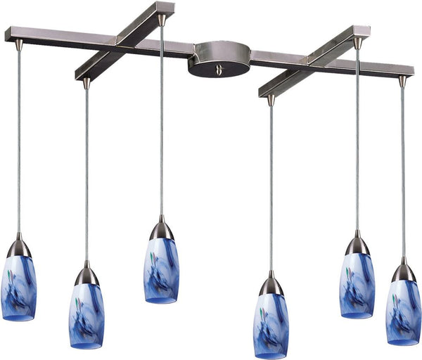 Milan 6 Light Pendant In Satin Nickel and Mountain Glass