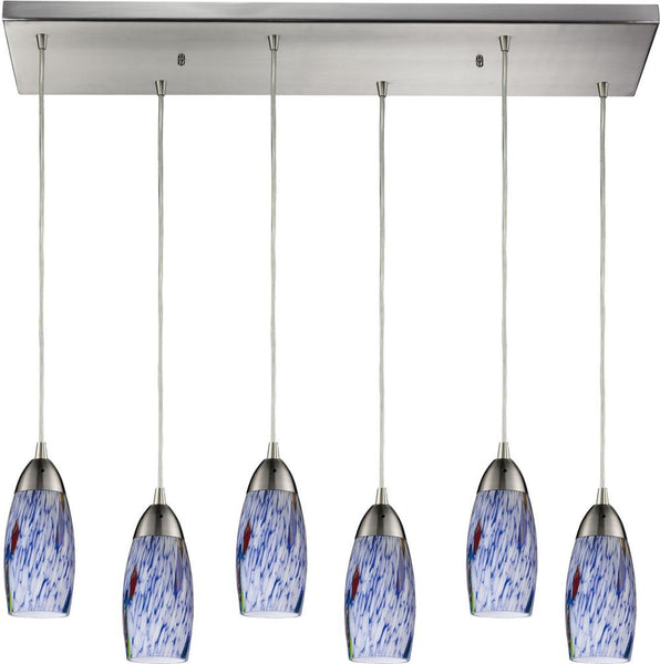 Milan 6 Light Pendant In Satin Nickel and Starburst Blue Glass