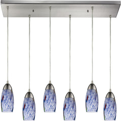 Milan 6 Light Pendant In Satin Nickel and Starburst Blue Glass