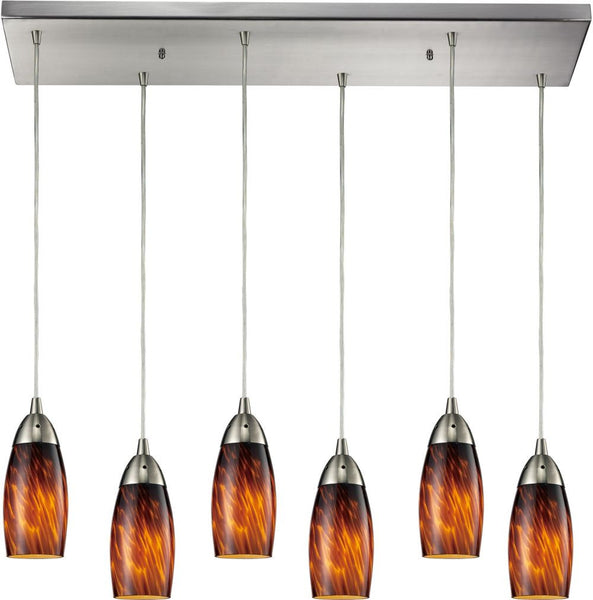 Milan 6 Light Pendant In Satin Nickel and Espresso Glass