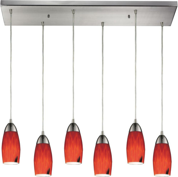Milan 6 Light Pendant In Satin Nickel and Fire Red Glass