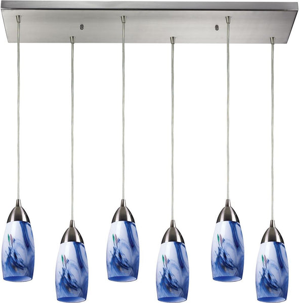 Milan 6 Light Pendant In Satin Nickel and Mountain Glass