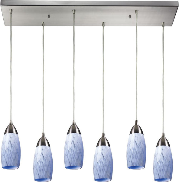 Milan 6 Light Pendant In Satin Nickel and Snow White Glass