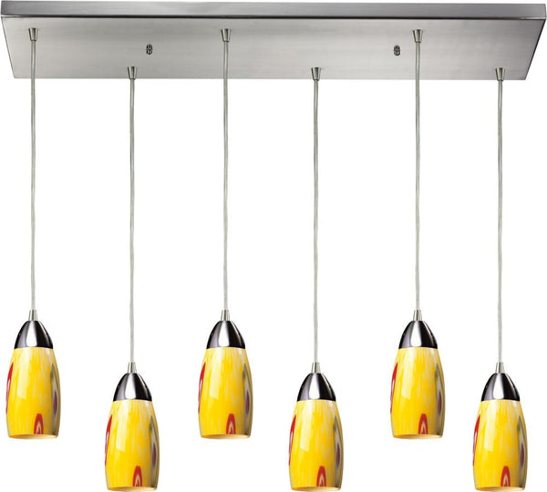 Milan 6 Light Pendant In Satin Nickel and Yellow Blaze Glass