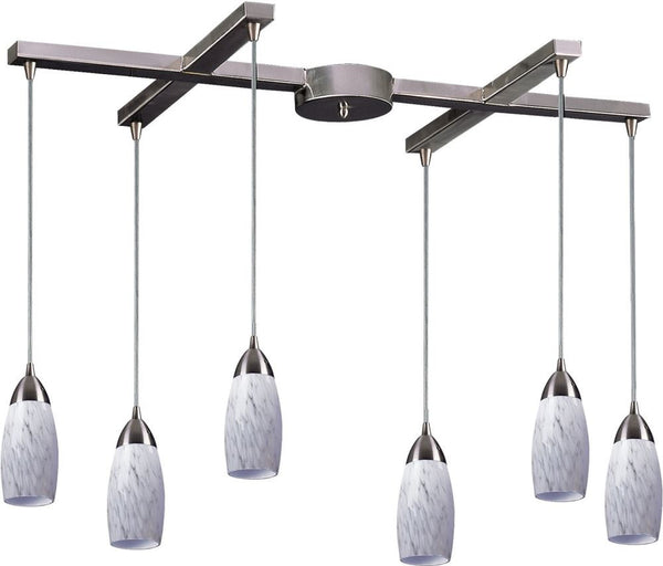 Milan 6 Light Pendant In Satin Nickel and Snow White Glass